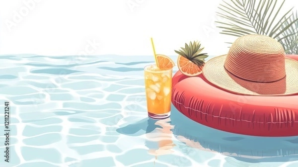 Fototapeta Summer poolside scene with drink, hat, and floatie.