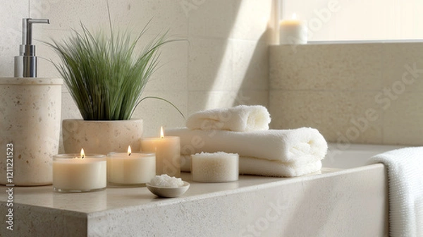 Fototapeta A tranquil home bathroom scene with lit candles, fluffy towels, and soothing bath salts, evoking a spa-like, relaxing atmosphere.