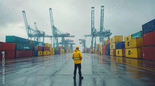 Fototapeta Worker on Pier Surrounded by Cranes and Containers