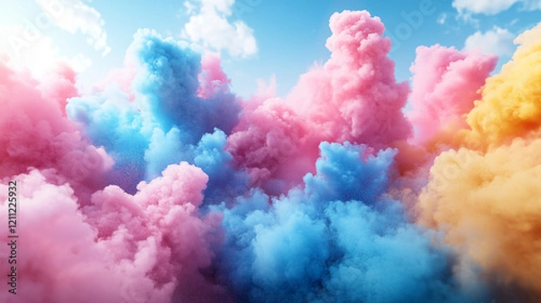 Fototapeta a vibrant scene of color powder explosions during a celebration, with swirling clouds of pink, blue, and yellow floating in the air, set under a bright clear sky for a festive and energetic mood