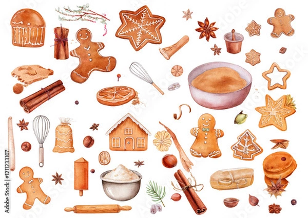 Fototapeta かわいい水彩のお菓子作りイラスト　ジンジャーブレッド　ジンジャークッキー　冬　クリスマス　ホリデー　製菓　材料　イラストセット