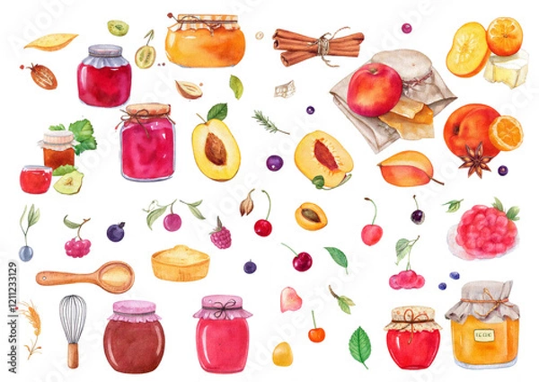 Fototapeta かわいい水彩のジャム作りイラスト　ジャム　果物　フルーツ　材料　イラストセット