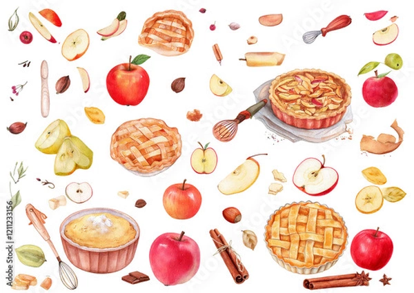 Fototapeta かわいい水彩のお菓子作りイラスト　アップルパイ　りんご　材料　パイ　タルト　タルトタタン　秋　イラストセット
