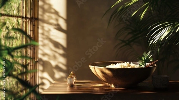 Fototapeta A bowl of Thai green curry served with jasmine rice, styled with a cozy tropical vibe