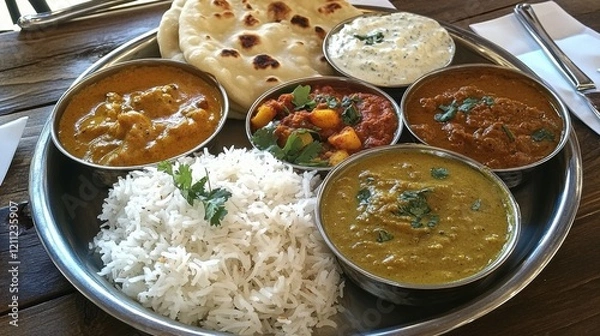 Fototapeta A colorful Indian thali platter with various curries, rice, and naan, styled with intricate traditional decor