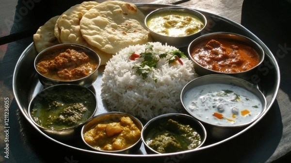 Fototapeta A colorful Indian thali platter with various curries, rice, and naan, styled with intricate traditional decor