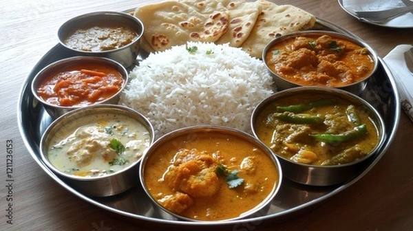 Fototapeta A colorful Indian thali platter with various curries, rice, and naan, styled with intricate traditional decor