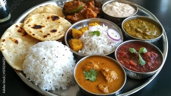 Fototapeta A colorful Indian thali platter with various curries, rice, and naan, styled with intricate traditional decor