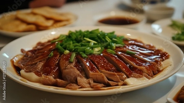 Fototapeta A plate of Chinese Peking duck served with pancakes, hoisin sauce, and green onions