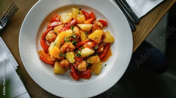 Fototapeta A plate of Chinese sweet and sour chicken with vibrant peppers and pineapple