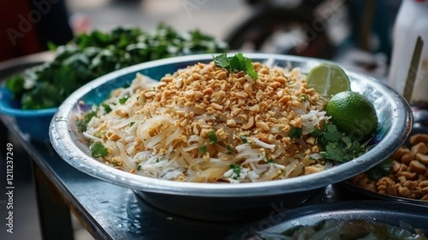 Fototapeta A plate of pad Thai garnished with crushed peanuts, lime, and cilantro, captured in a street food market style