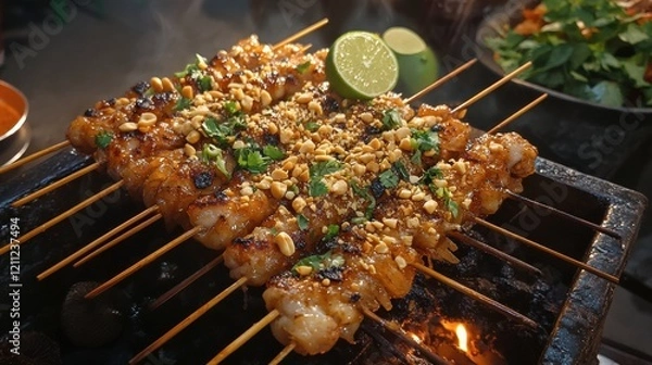 Fototapeta A plate of pad Thai garnished with crushed peanuts, lime, and cilantro, captured in a street food market style