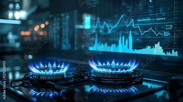 Fototapeta 29.A kitchen gas stove with two lit burners, their blue flames reflecting the growing demand for natural gas. In the background, a bar chart shows an upward trend in natural gas costs, blending the
