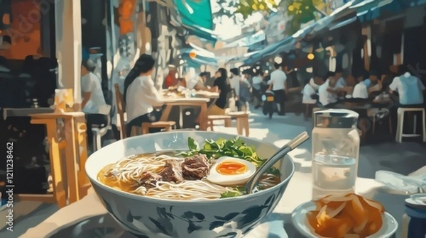 Fototapeta A serving of Vietnamese pho with beef, rice noodles, and fresh herbs, styled with a bustling street food setting