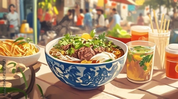 Fototapeta A serving of Vietnamese pho with beef, rice noodles, and fresh herbs, styled with a bustling street food setting
