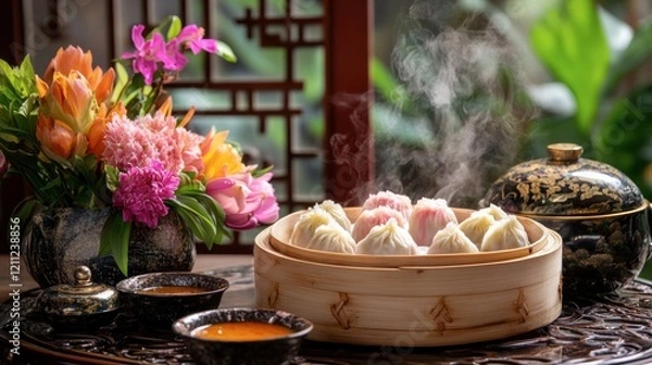 Fototapeta A steaming basket of dim sum dumplings served with dipping sauces, styled with an elegant Chinese tea house vibe
