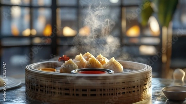 Fototapeta A steaming basket of dim sum dumplings served with dipping sauces, styled with an elegant Chinese tea house vibe