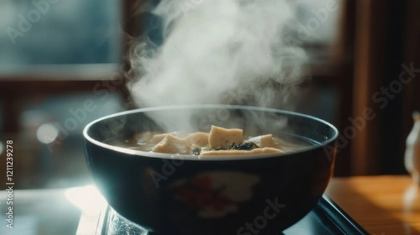Fototapeta A steaming bowl of Japanese miso soup served with tofu and seaweed, styled with a minimal zen aesthetic