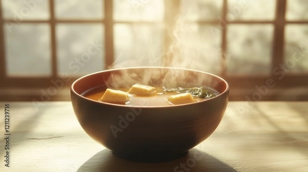 Fototapeta A steaming bowl of Japanese miso soup served with tofu and seaweed, styled with a minimal zen aesthetic