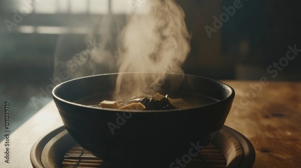 Fototapeta A steaming bowl of Japanese miso soup served with tofu and seaweed, styled with a minimal zen aesthetic
