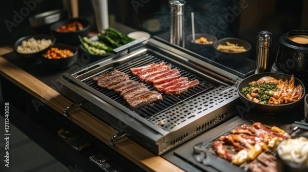 Fototapeta A traditional Korean barbecue table with sizzling meats and banchan dishes