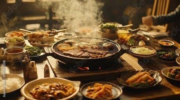 Fototapeta A traditional Korean barbecue table with sizzling meats and banchan dishes