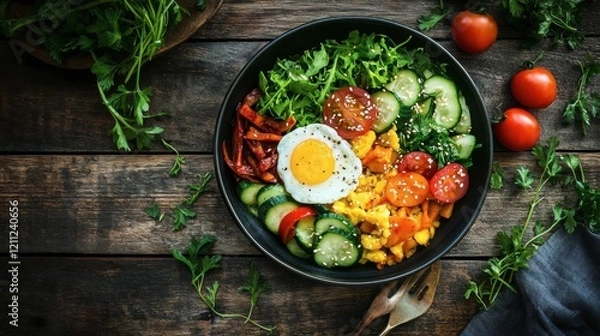 Fototapeta A traditional Korean bibimbap bowl with vibrant vegetables, egg, and gochujang, styled with a rustic wooden table