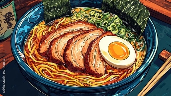 Fototapeta A vibrant bowl of ramen with chashu pork, soft-boiled egg, and nori, styled with a Japanese izakaya setting