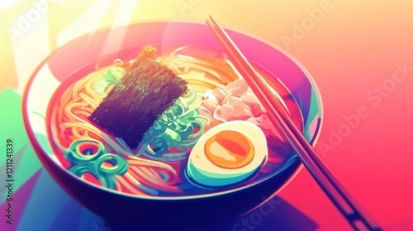 Fototapeta A vibrant bowl of ramen with chashu pork, soft-boiled egg, and nori, styled with a Japanese izakaya setting