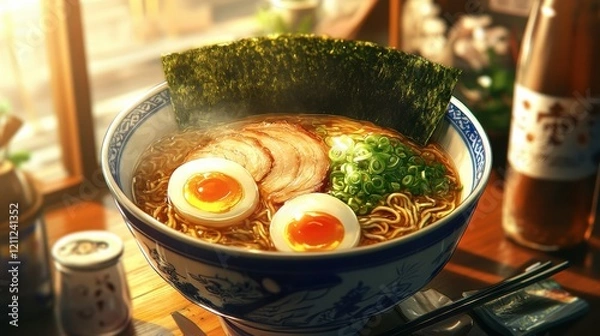 Fototapeta A vibrant bowl of ramen with chashu pork, soft-boiled egg, and nori, styled with a Japanese izakaya setting