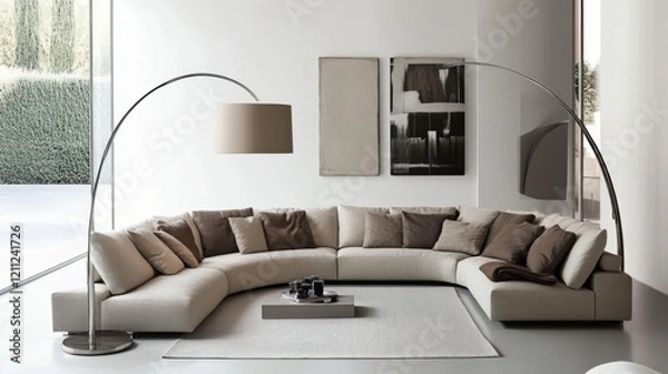 Fototapeta 100.A contemporary living room with a curved sofa and a striking large floor lamp, creating a cozy yet stylish atmosphere. The neutral colors in the furniture and dÃ©cor contribute to a minimalist