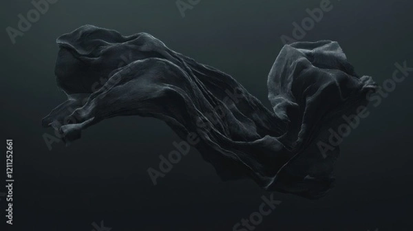 Fototapeta An elegant black cloth forming fluid, surreal patterns as it floats naturally in a dark 3D-rendered space, with precise details and highlights, lifelike 4K