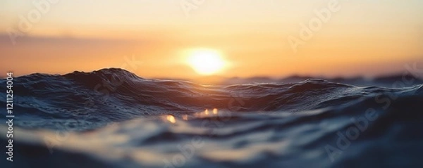 Obraz A serene sunset over gentle ocean waves, casting warm hues on the water, creating a tranquil atmosphere.