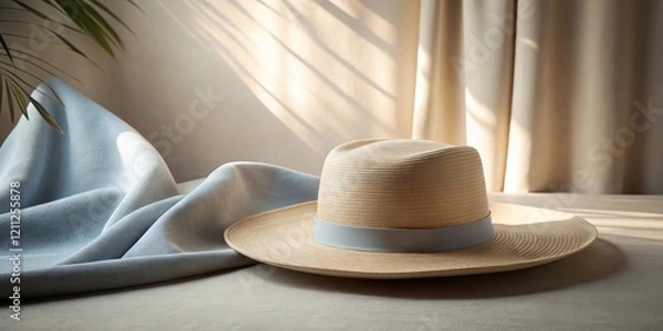 Fototapeta Stylish summer hat resting on a soft textile surface in sunlit room