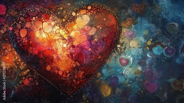 Fototapeta Heart shapes in vivid tones with intricate dots and textures, creating an abstract artistic vibe.