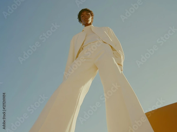 Fototapeta A low-angle shot captures a person in a striking white outfit against a deep blue sky, exuding confidence and elegance.