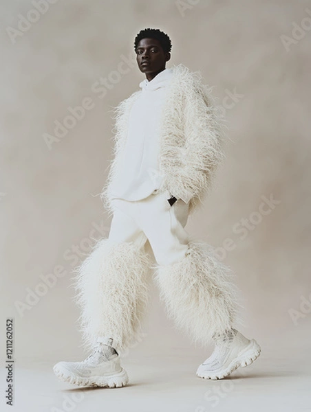Fototapeta A person in avant-garde white attire, with textured fur details, strides confidently against a neutral backdrop, embodying modern fashion and elegance.