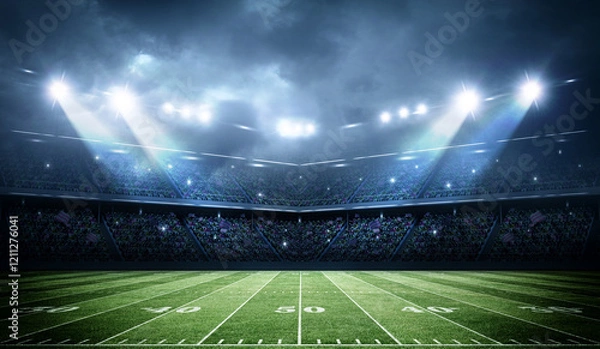 Obraz Illuminated American Football Field at Night in a Stadium, 3d rendering	