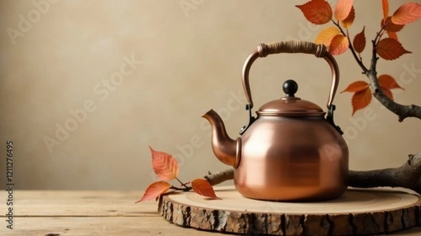 Fototapeta A copper kettle sits on a rustic wooden slice, adorned with autumnal leaves, creating a warm and inviting scene perfect for fall beverages.