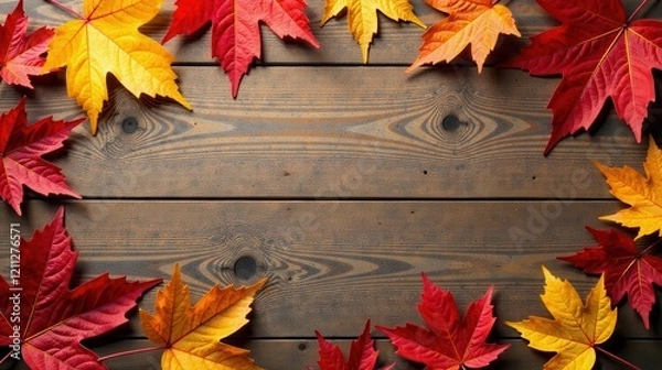 Fototapeta Autumnal Leaves Arranged on Rustic Wooden Surface, a Frame for Seasonal Designs and Fall Decorations