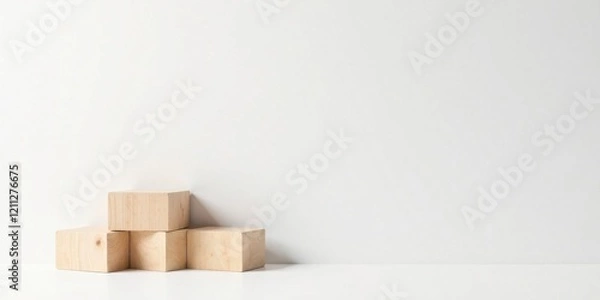Fototapeta Simple Wooden Cubes Arranged on a White Surface Against a Plain White Wall