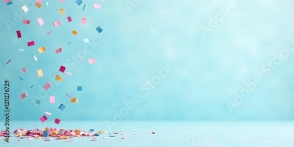 Fototapeta Pastel Confetti Celebration A Festive Shower of Colorful Squares Falling onto a Light Blue Background, Creating a Joyful and Playful Atmosphere