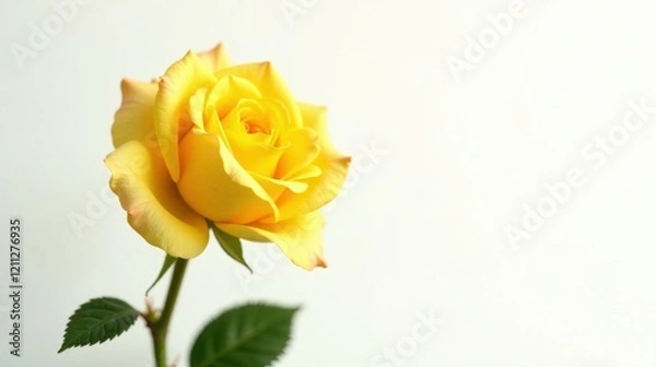 Fototapeta A single, vibrant yellow rose elegantly displayed against a pristine white background; a symbol of friendship, joy, and new beginnings.