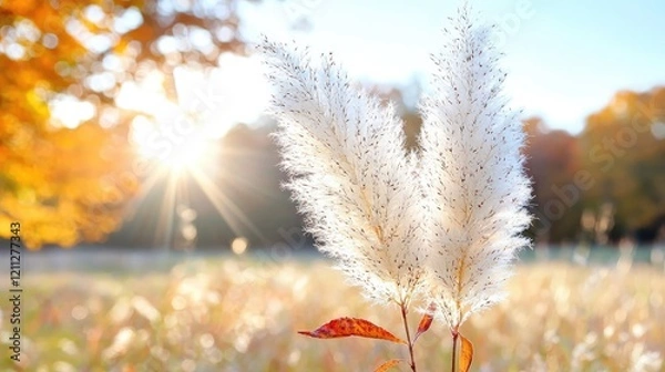 Fototapeta Autumn sunset, pampas grass field, nature scene, fall background, design element