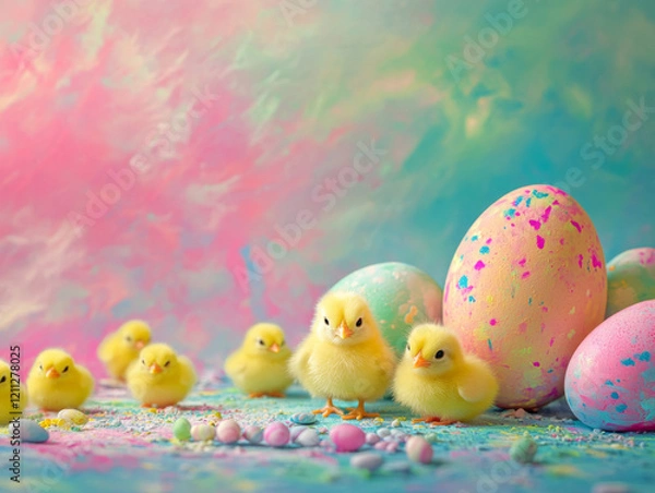Fototapeta colorful background with colorful easter eggs and chicks abstraction