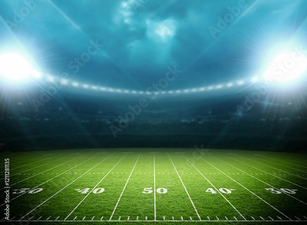 Fototapeta Illuminated American Football Field at Night in a Stadium, 3d rendering	
