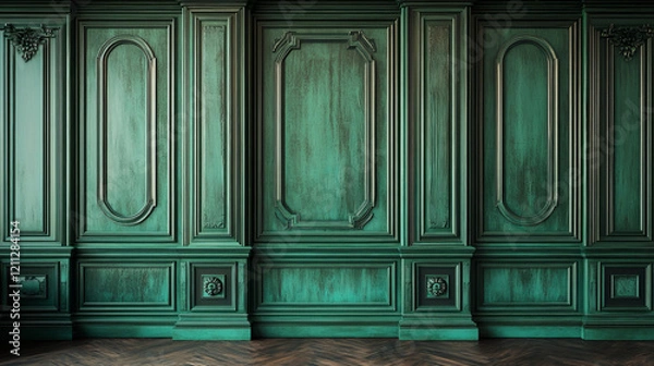 Fototapeta dark teal and emerald green wood paneling with luxurious distressed wainscoting for classic home interior design