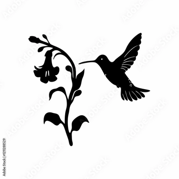 Obraz A hummingbird is on a flower. The flower is on a stem. The hummingbird is black
