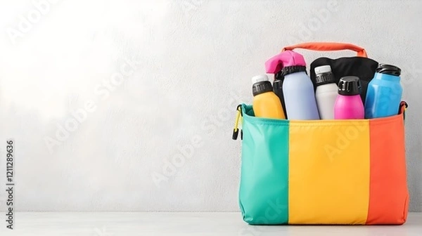 Obraz Colorful Bag Filled with Various Bottles and Containers on Surface, Generative AI.