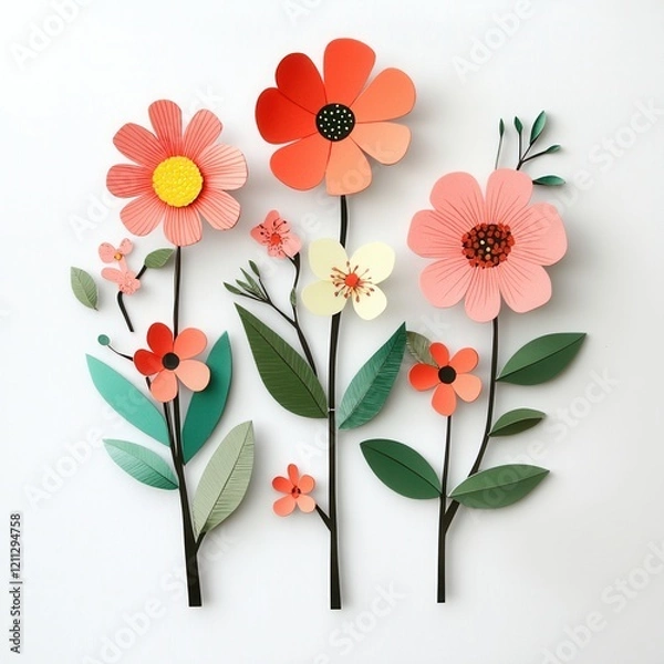 Fototapeta Paper flowers, white background, spring design, craft